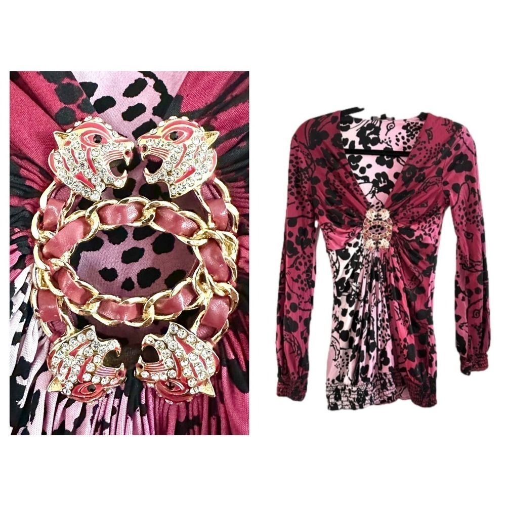 SKY Halo RARE Pink Animal Print Jaguar Metal Chain Rhinestone Medallion Top Y2K